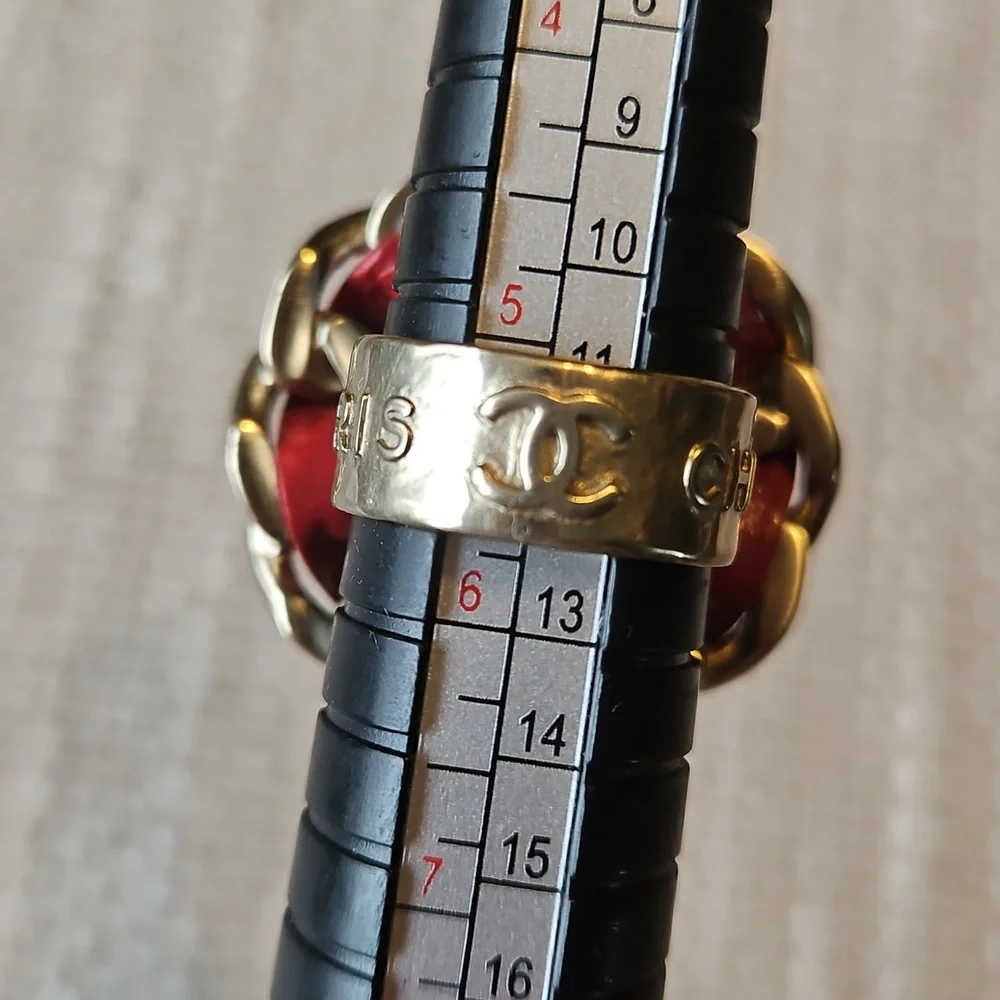 CHANEL Ring Gold Chain Pearl Red Leather CC Logo [Size 5.5] - Picture 8 of 8